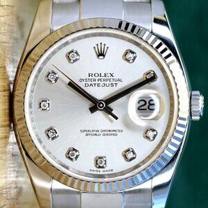 ROLEX DATEJUST SILVER DIAMOND DIAL FLUTED STAINLESS STEEL OYSTER WATCH 116234